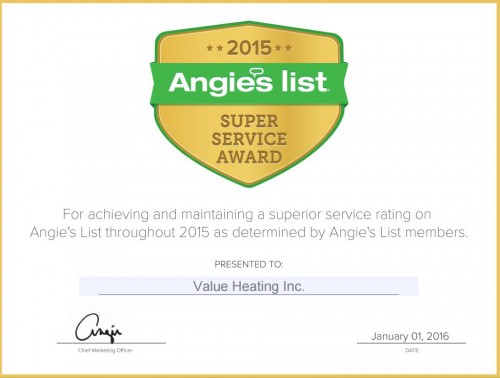 Value Heating Earns Esteemed 2015 Angie’s List Super Service Award