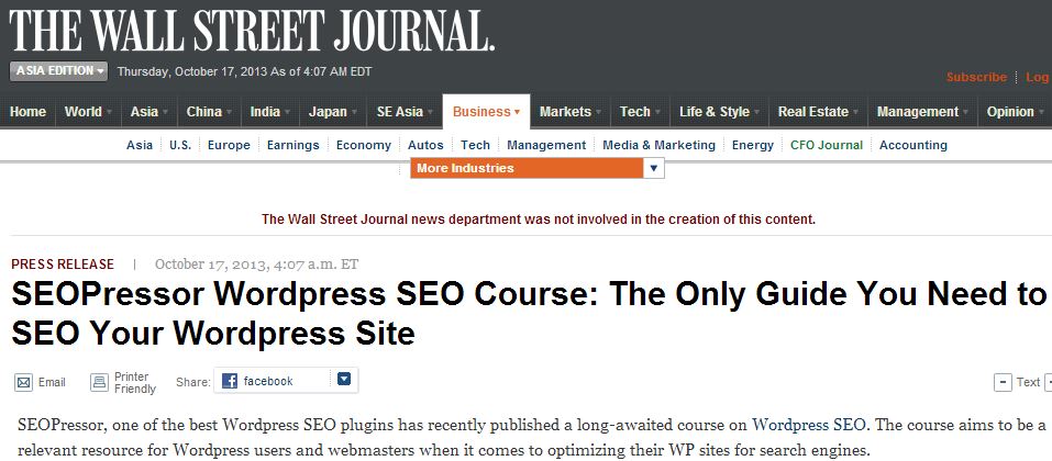 Press release distribution to The Wall Street Journal