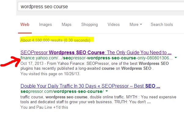SEOPressor's press release showing up on Google search for the keyword, "wordpress seo course"