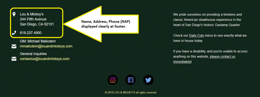 Example of NAP information displayed at footer