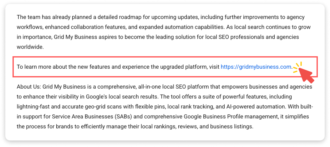 Screenshot of a press release example showing a clear call to action and website link that guides readers to learn more.