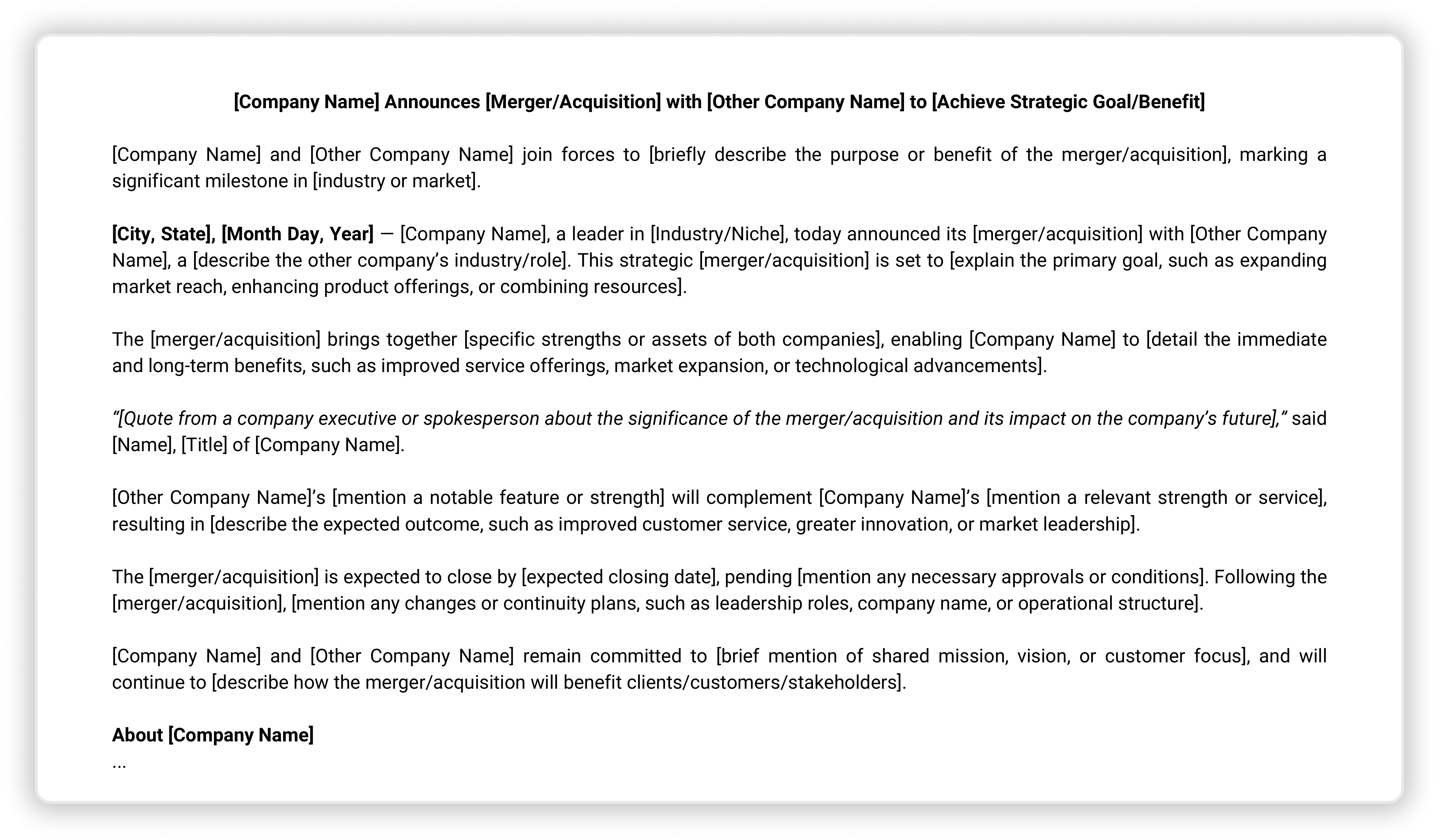 Screenshot of Mergers and Acquisition press release template.