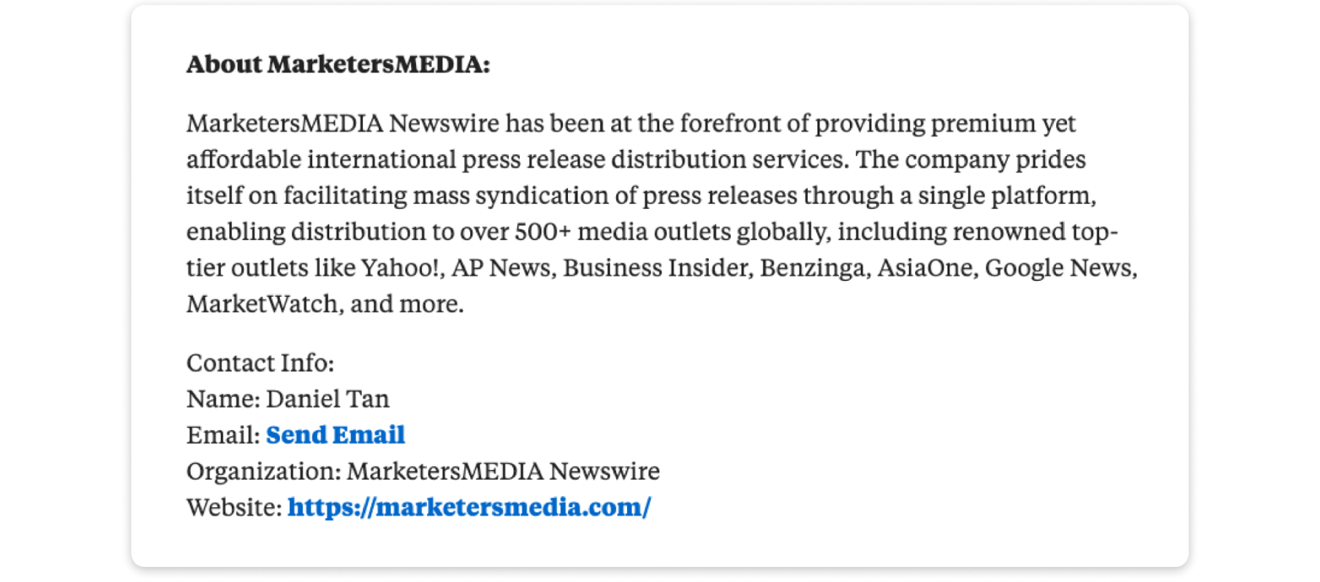 The image shows MarketersMEDIA Newswire's company boilerplate and contact information.