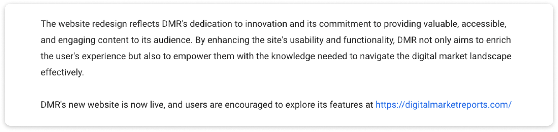 A press release conclusion outlining DMR's website improvements, with a call-to-action encouraging users to visit the new site.