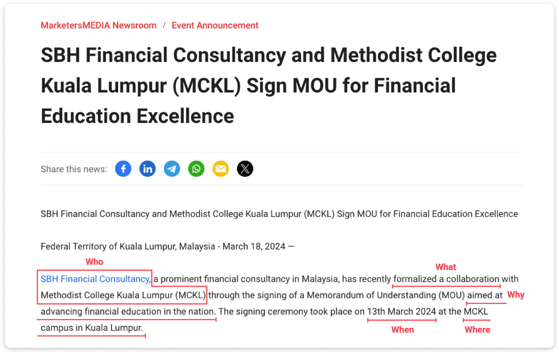 A press release headline about SBH Financial Consultancy and MCKL partnership for financial education, with a lead paragraph annotated with key information such as who, what, why, when, and where.