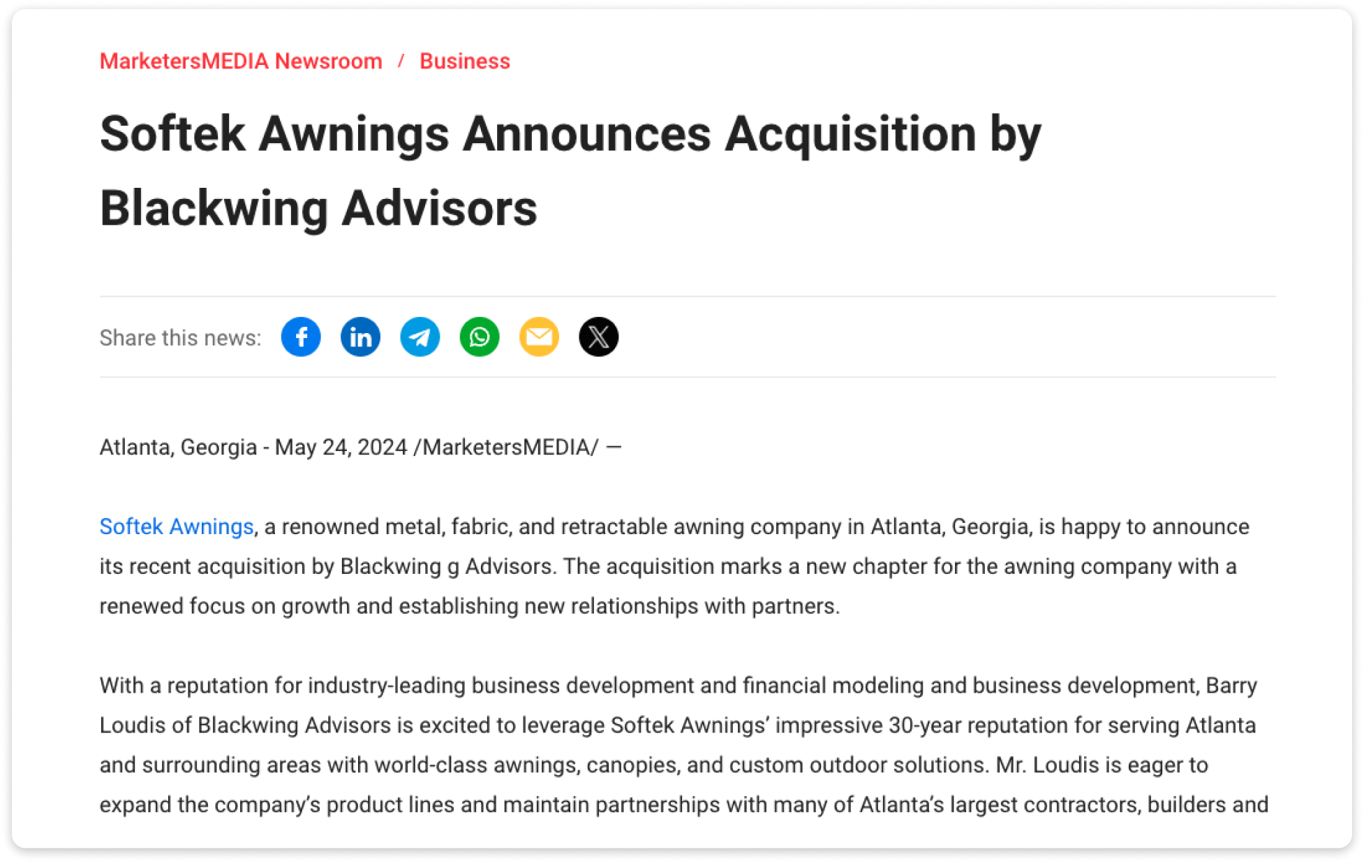 An example of merger and acquisition updates press release.