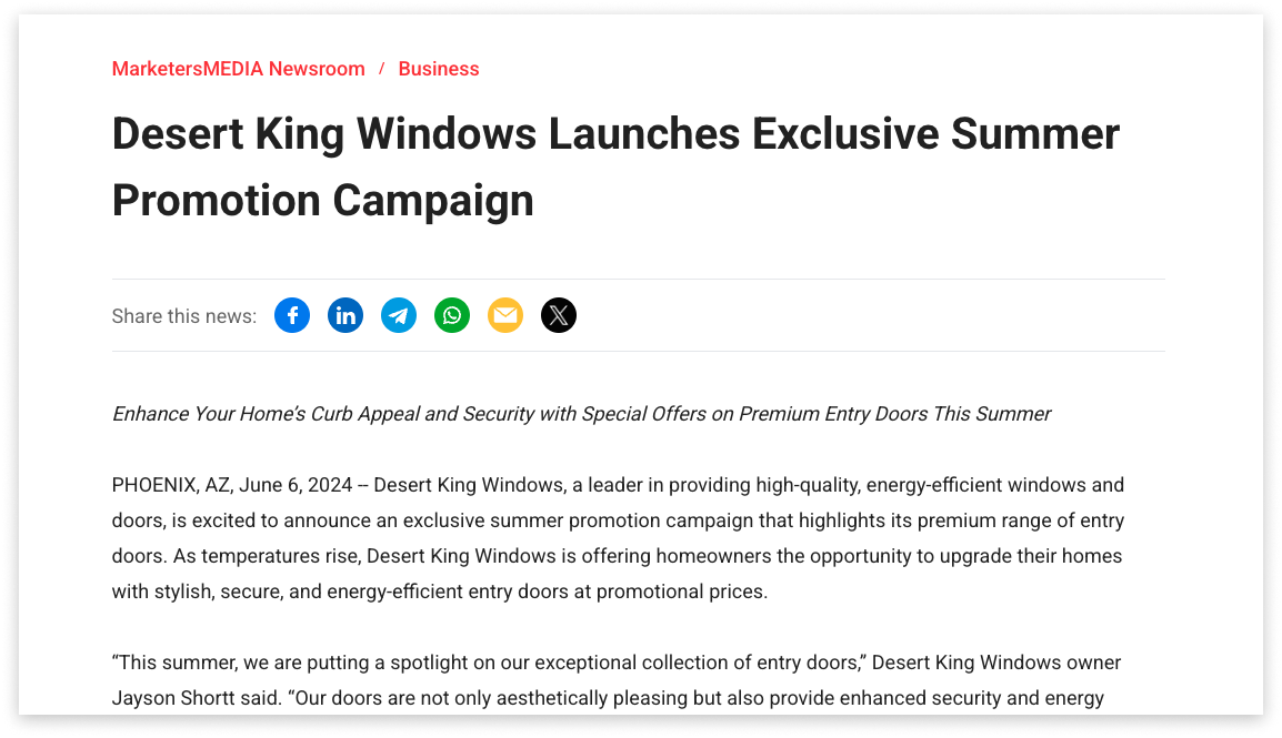 An example of a press release about the launch of seasonal promotions or discounts.