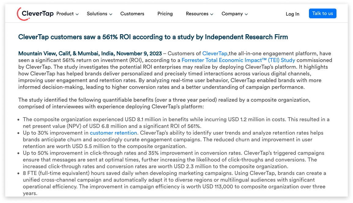 An example of a press release sharing a customer case study demonstrating ROI or success.