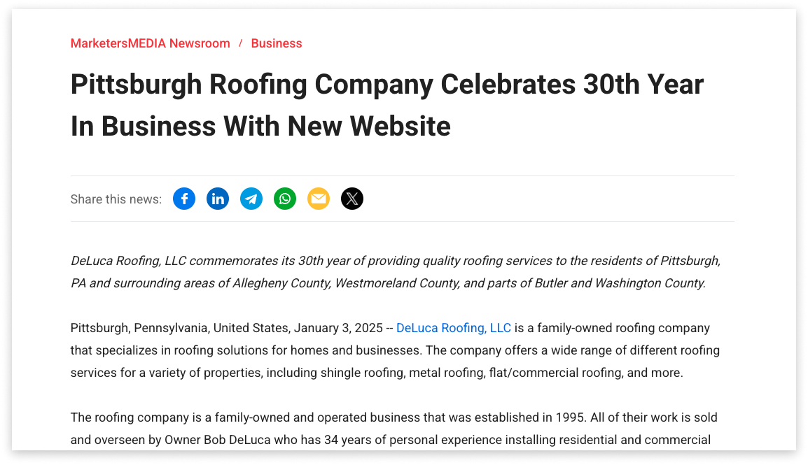 An example of a press release celebrating the company's anniversary.