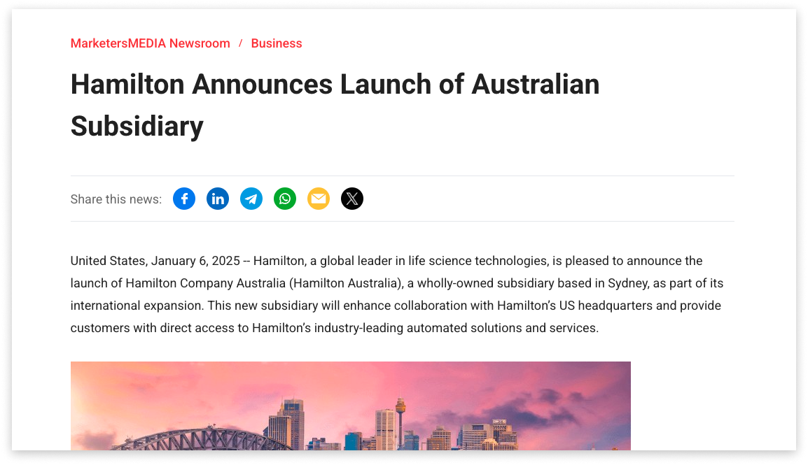 An example of a press release about the creation of a new subsidiary.