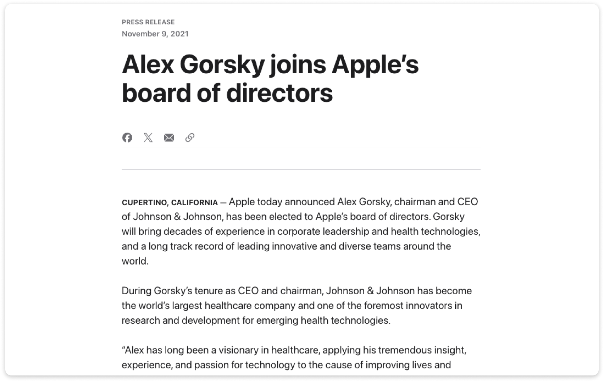 A press release announcing Alex Gorsky, CEO of Johnson & Johnson, joining Apple's board of directors.