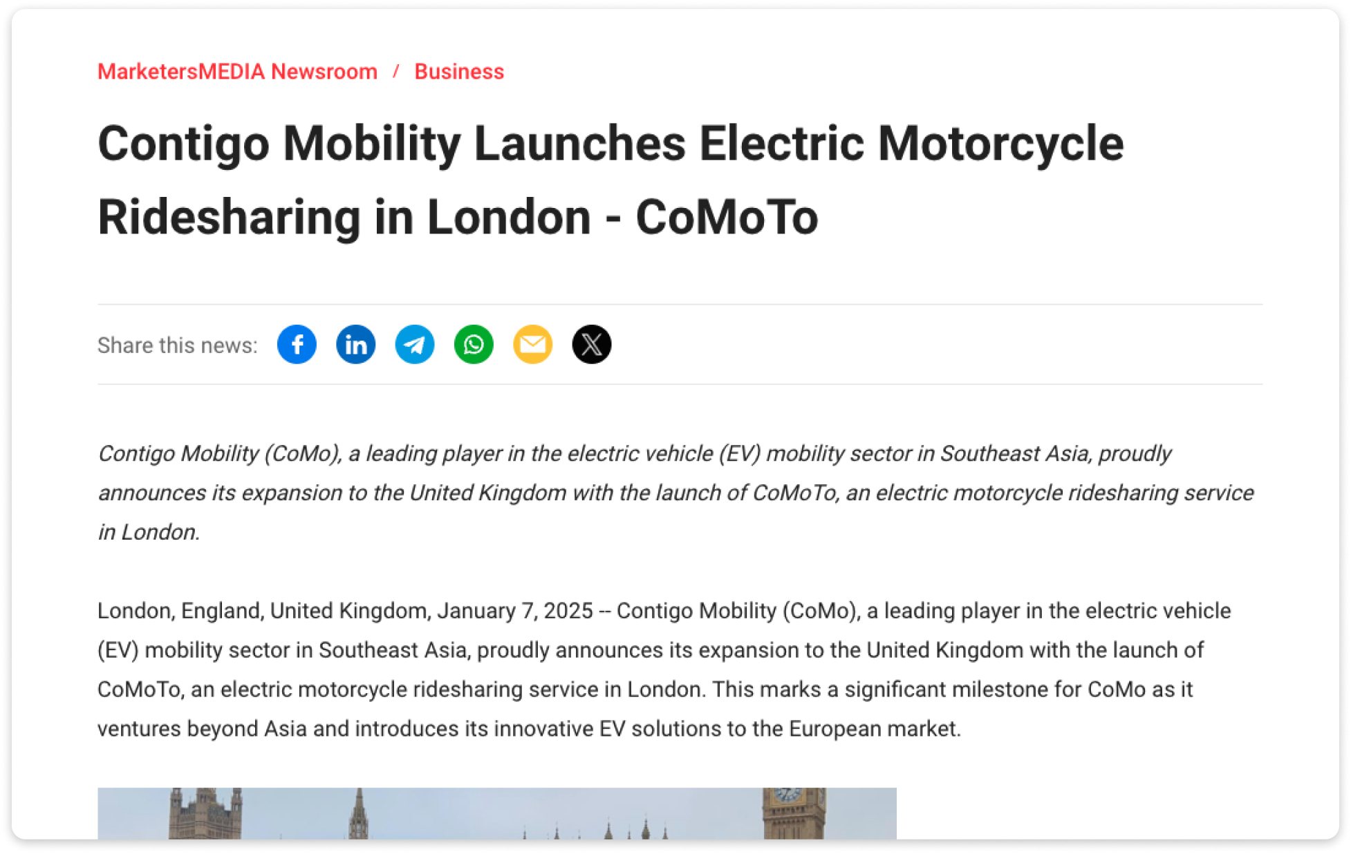 A press release announcing Contigo Mobility's launch of CoMoTo, an electric motorcycle ridesharing service in London.