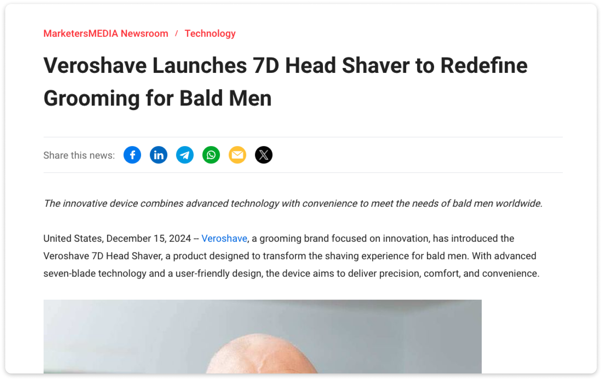 A press release introducing Veroshave's 7D Head Shaver for bald men.