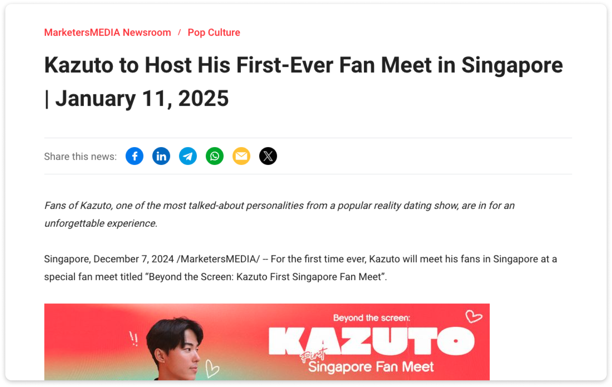 A press release about Kazuto hosting his first-ever fan meet in Singapore on January 11, 2025.