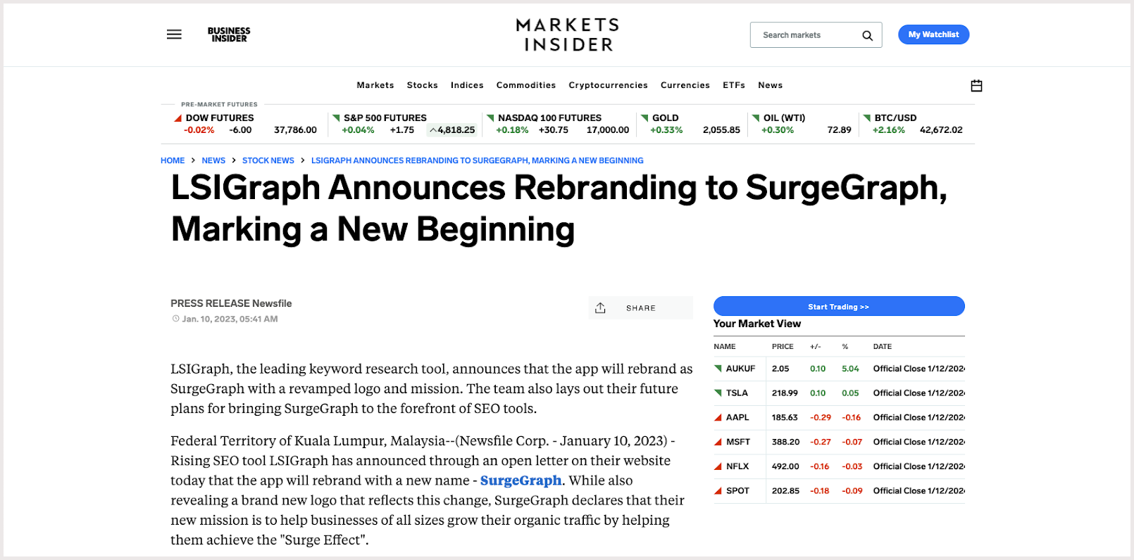 SurgeGraph’s Rebranding Press Release On Markets Insider (Business Insider)