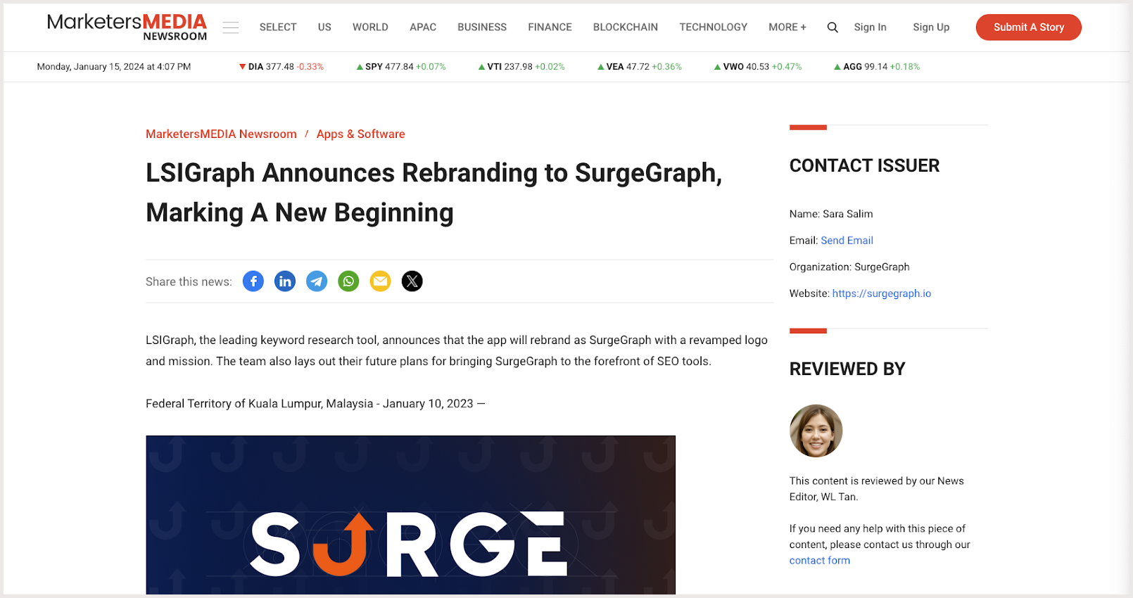 SurgeGraph’s Rebranding Press Release On MarketersMEDIA Newsroom