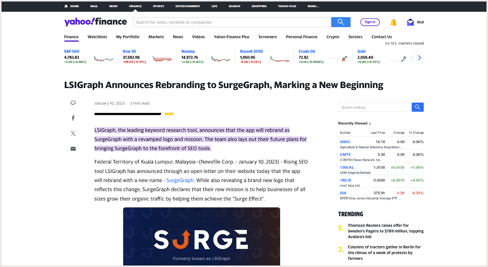 SurgeGraph’s Rebranding Press Release On Yahoo! News