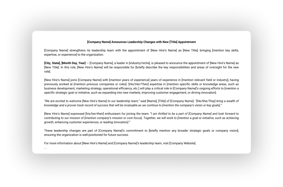 Screenshot of New Hires or Leadership Changes Announcement press release template.