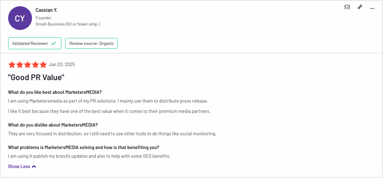 A five-star review from a verified user named Cassian Y. praising MarketersMEDIA for its PR distribution value.