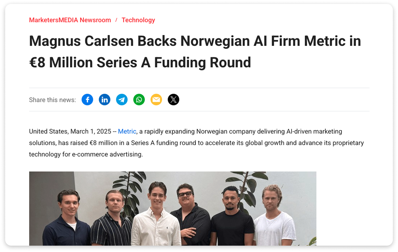 A press release announcing Metric’s €8 million funding round.
