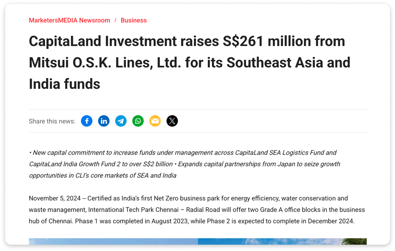 A press release announcing CapitaLand Investment’s S$261 million funding.