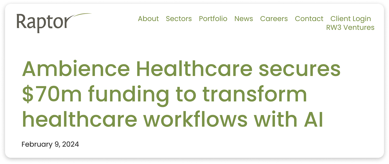 A press release headline announcing Ambience Healthcare's $70 million funding.