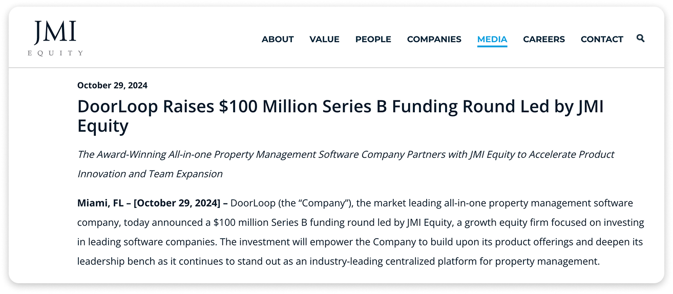 A press release announcing DoorLoop’s $100 million Series B funding.