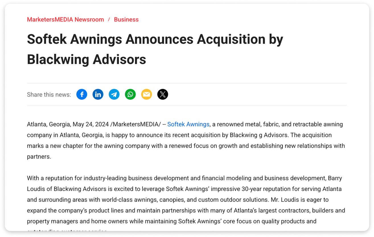 An example of merger and acquisition updates press release.