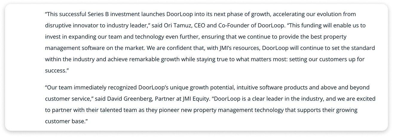 A section of the DoorLoop funding press release featuring quotes from executives and partners about the investment and company growth.