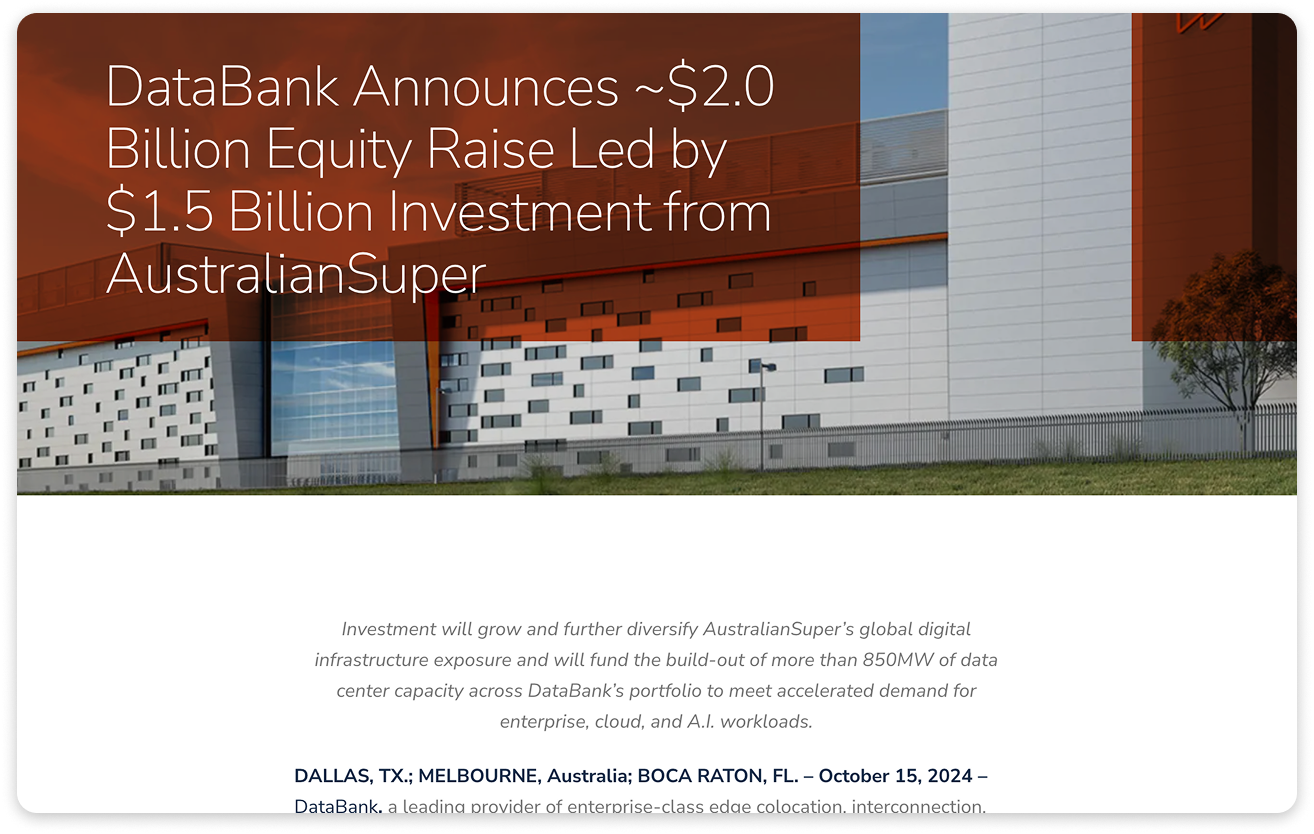 A press release announcing DataBank's $2.0 billion equity raise.