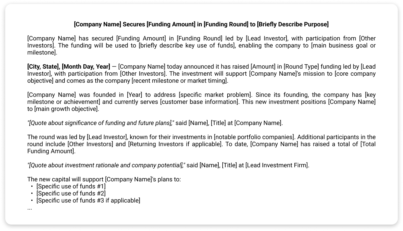 Screenshot of Funding Announcement press release template.