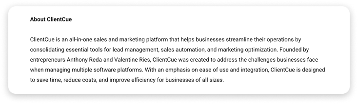 Boilerplate example from ClientCue, a sales and marketing platform for businesses.
