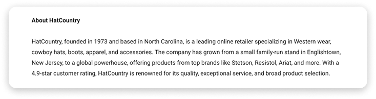 Boilerplate example from HatCountry, a Western wear retailer with a global e-commerce presence.