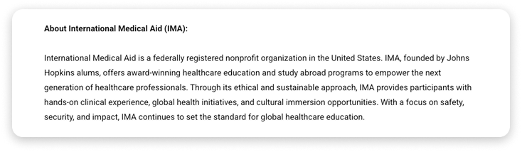 Boilerplate example from International Medical Aid, a nonprofit offering healthcare education programs.