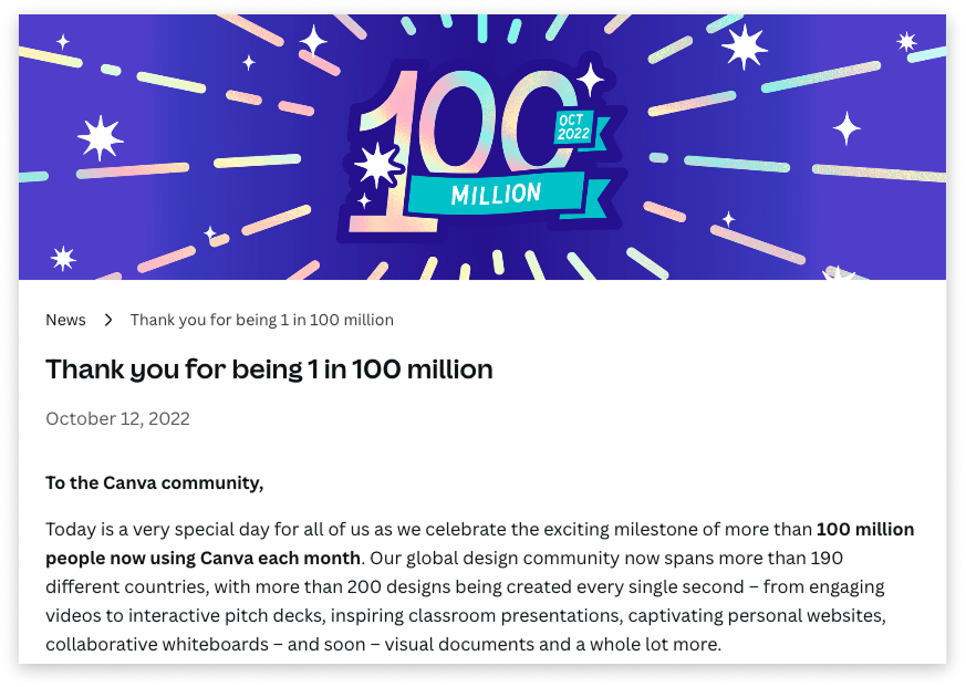 Canva celebrating 100 million monthly users.