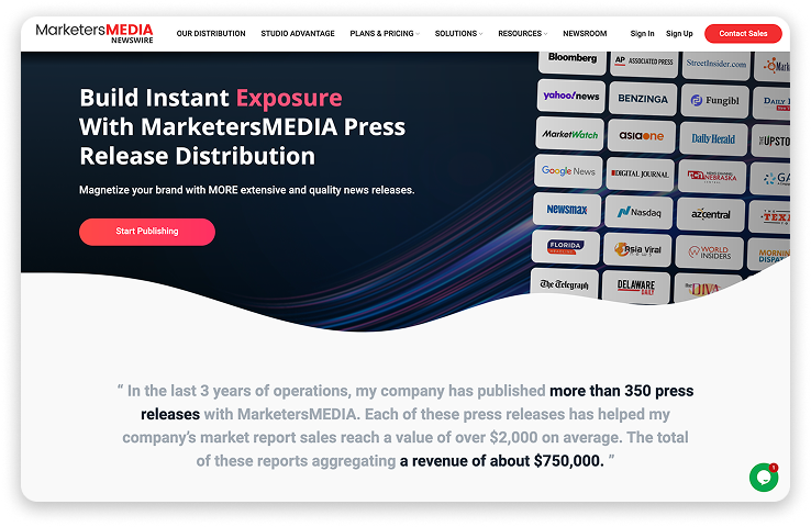 Screenshot of MarketersMEDIA Newswire homepage.