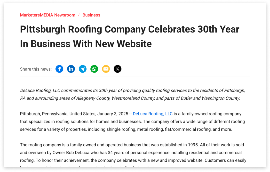 A press release celebrating DeLuca Roofing’s 30th year in business and launch of a new website.