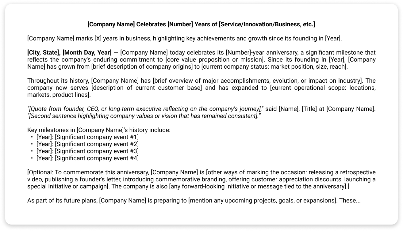 Screenshot of Business Anniversary press release template.