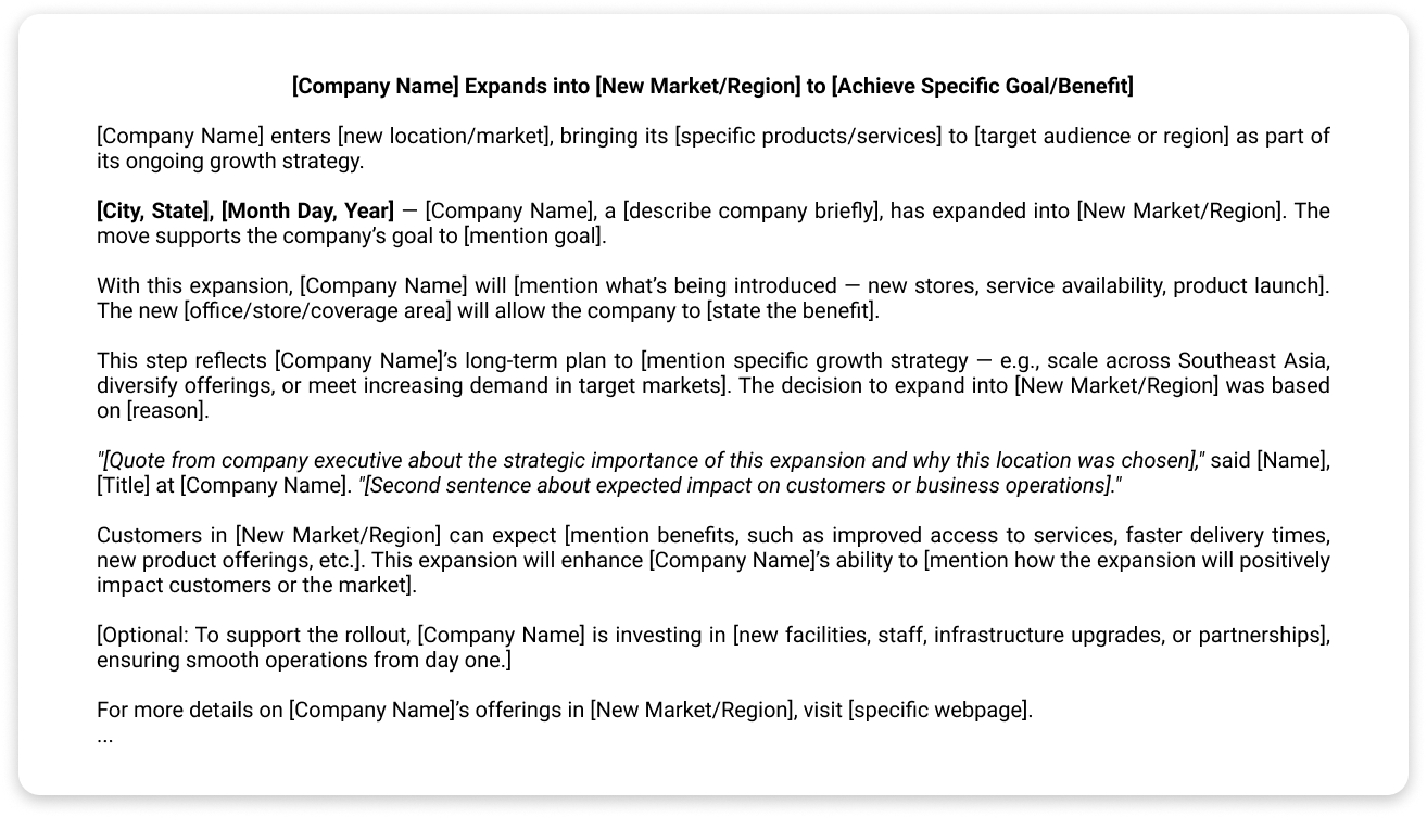 Screenshot of New Location or Expansion press release template.