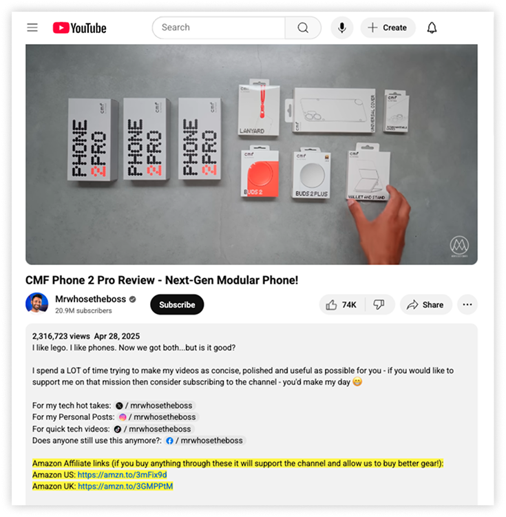 YouTube creator Mrwhosetheboss listing Amazon affiliate links in a video description as part of an affiliate marketing strategy