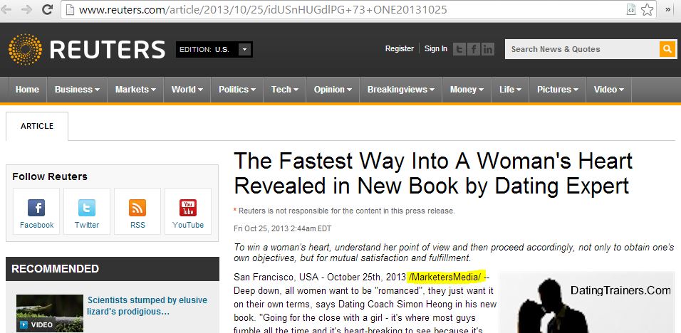 Screenshot of a press release on Reuters