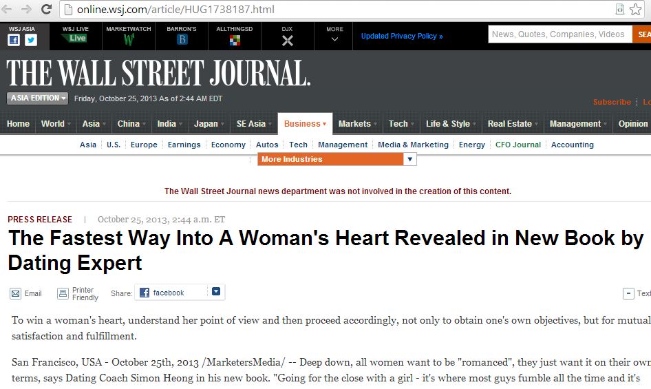 Screenshot of a press release on The Wall Street Journal