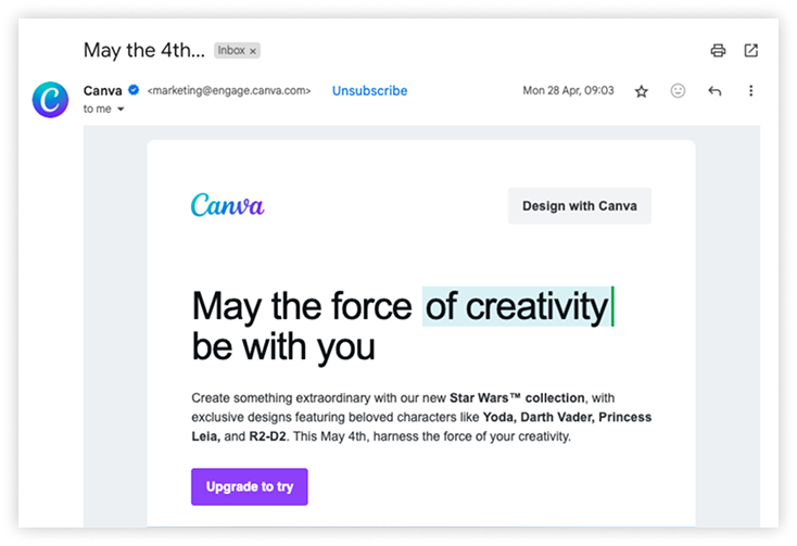 Promotional email example from Canva using a themed campaign for Star Wars Day to engage subscribers