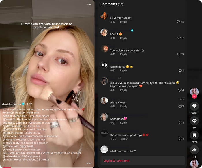 Danielle Marcan shares her top makeup tips in a TikTok video with product tags.