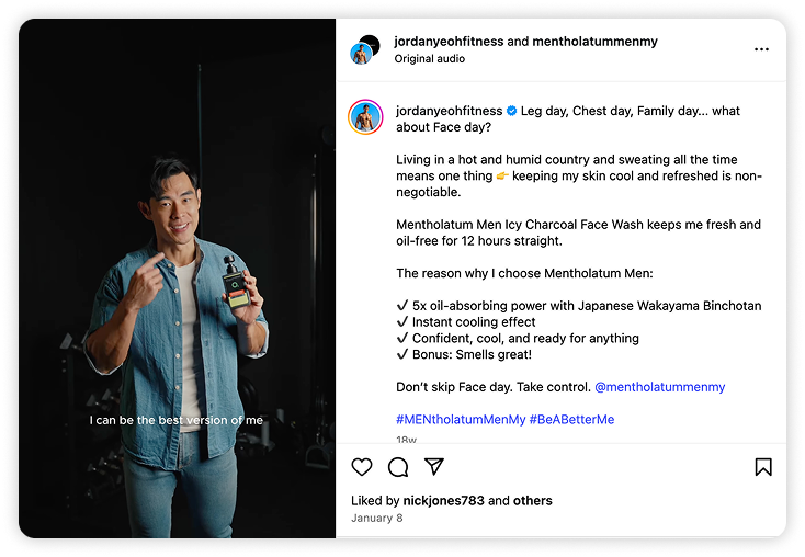 Jordan Yeoh holding Mentholatum face wash in a sponsored Instagram post.