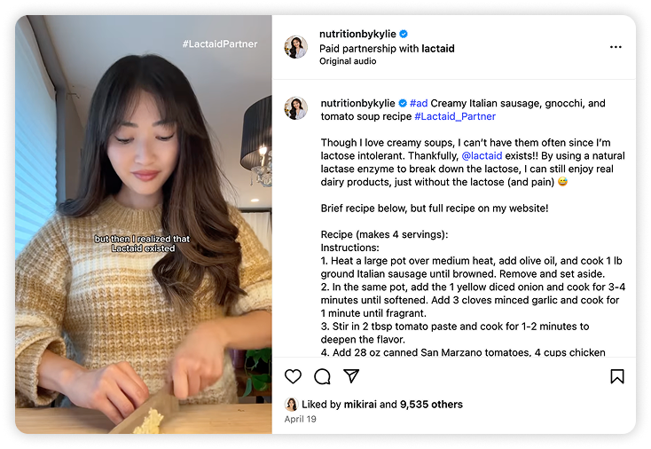 Nutritionist Kylie Sakaida preparing soup in a kitchen while promoting Lactaid in a paid partnership Reel.