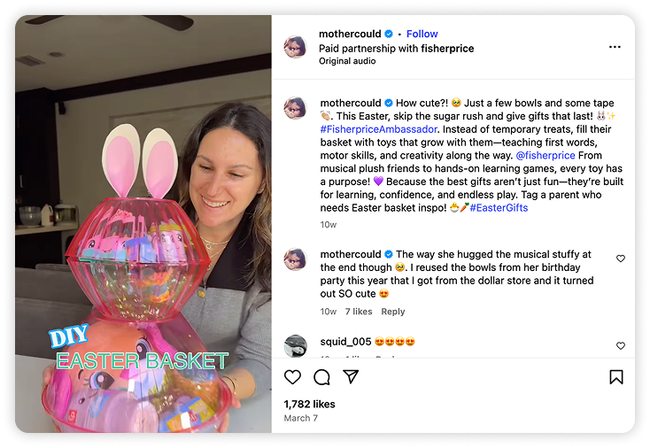 Mothercould holding a DIY bunny Easter basket in a sponsored post with Fisher Price.