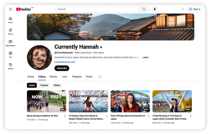 Travel Influencer Currently Hannah’s YouTube page.