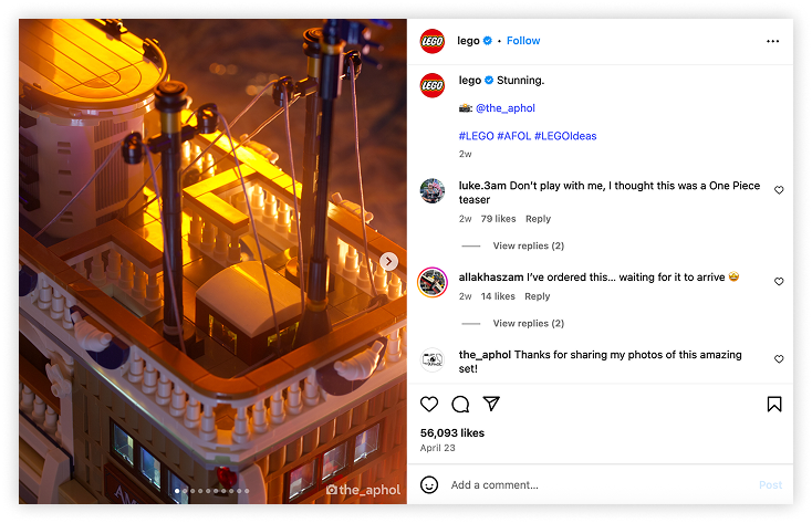 Instagram post of a detailed LEGO ship build shared by a LEGO fan account, reposted by LEGO.