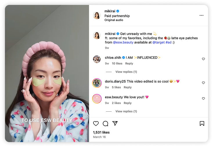 Mikirai showing under-eye patches in a paid Instagram Reel for ESW Beauty.